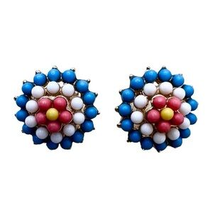 Multicolored beaded floral burst post earring on gold tone backing